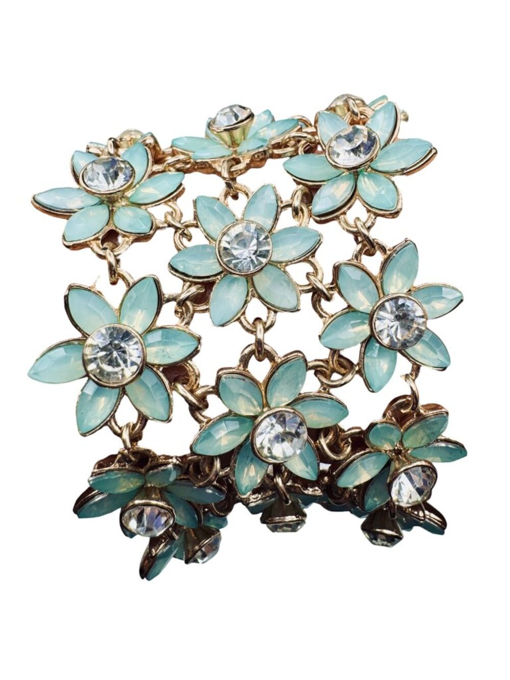 Aqua Blue Floral Statement Bracelet Gold Tone Adjustable Cottagecore Boho Beach